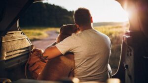 Man and dog sitting in car boot looking at sunset